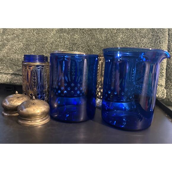 Cobalt Blue Glass Insert Silver Plated Shakers Sugar and Creamer Antique - Picture 4 of 6